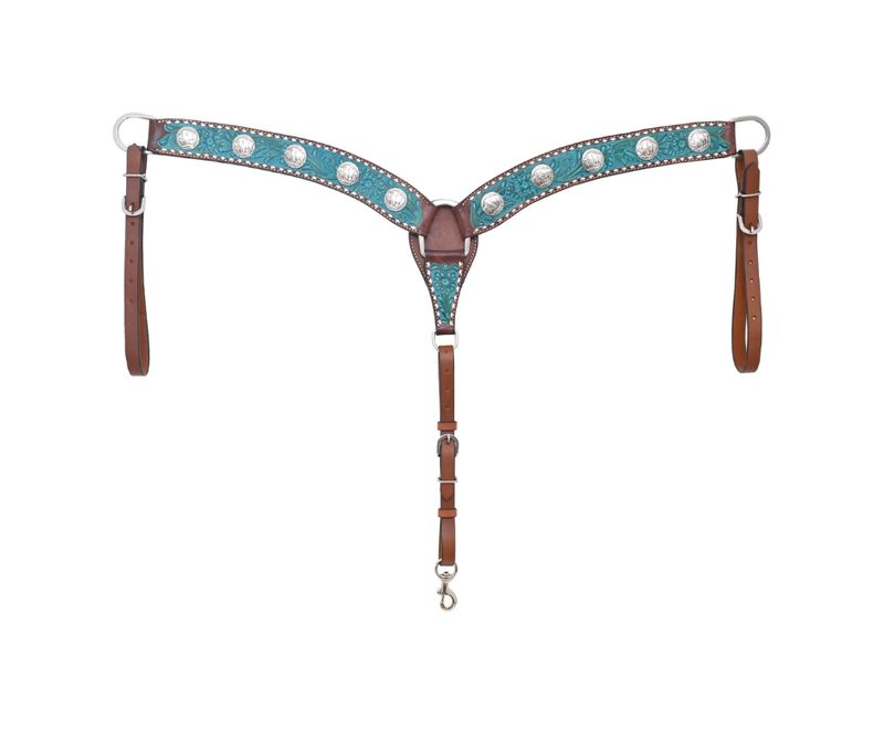 Breast Collar with Floral Carving, Turquoise Wash, TT Finish, Bull Concho &amp; White Buckstitch