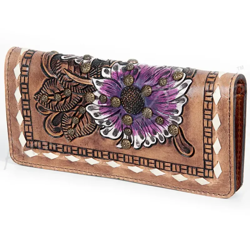 Purple Floral Clutch Hand Tooled Genuine Leather