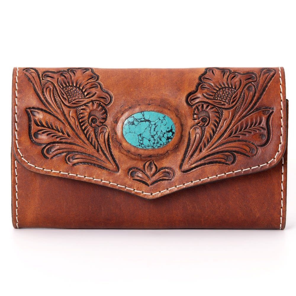 Hand Tooled Turquoise Stone Wallet