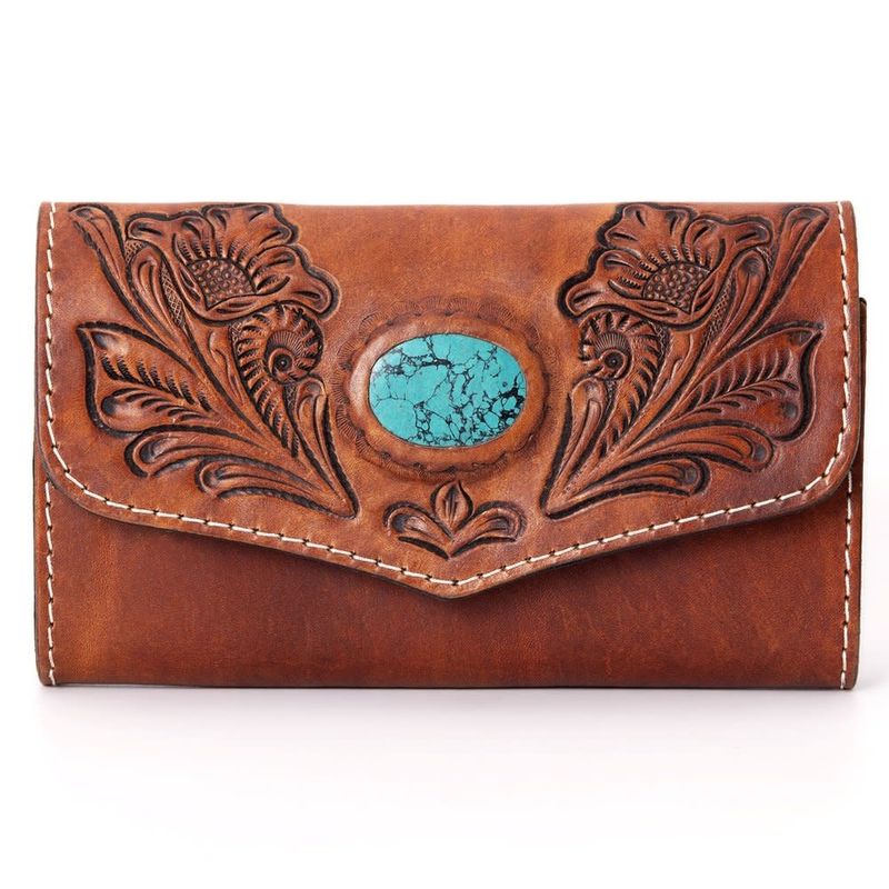 Hand Tooled Turquoise Stone Wallet