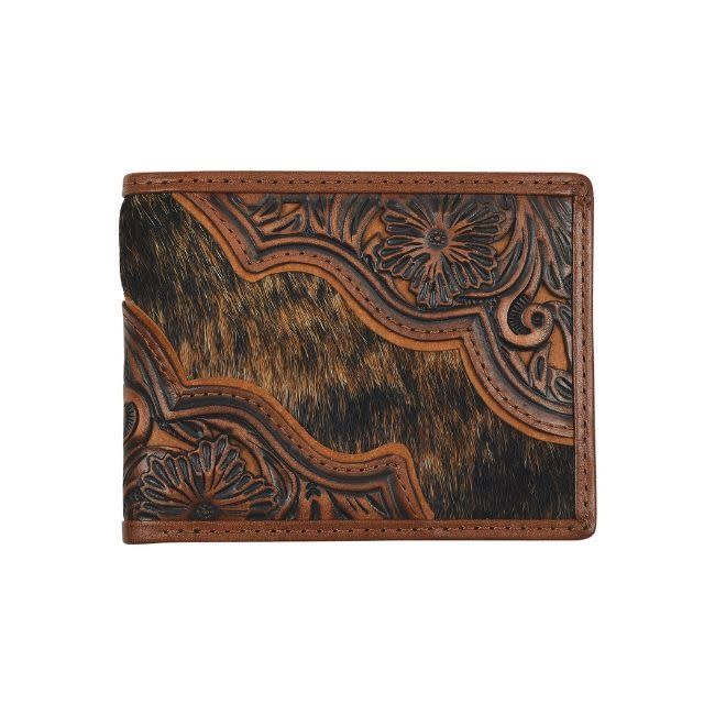 Lg Bifold Wallet w/Floral Tooling Brindle Hair