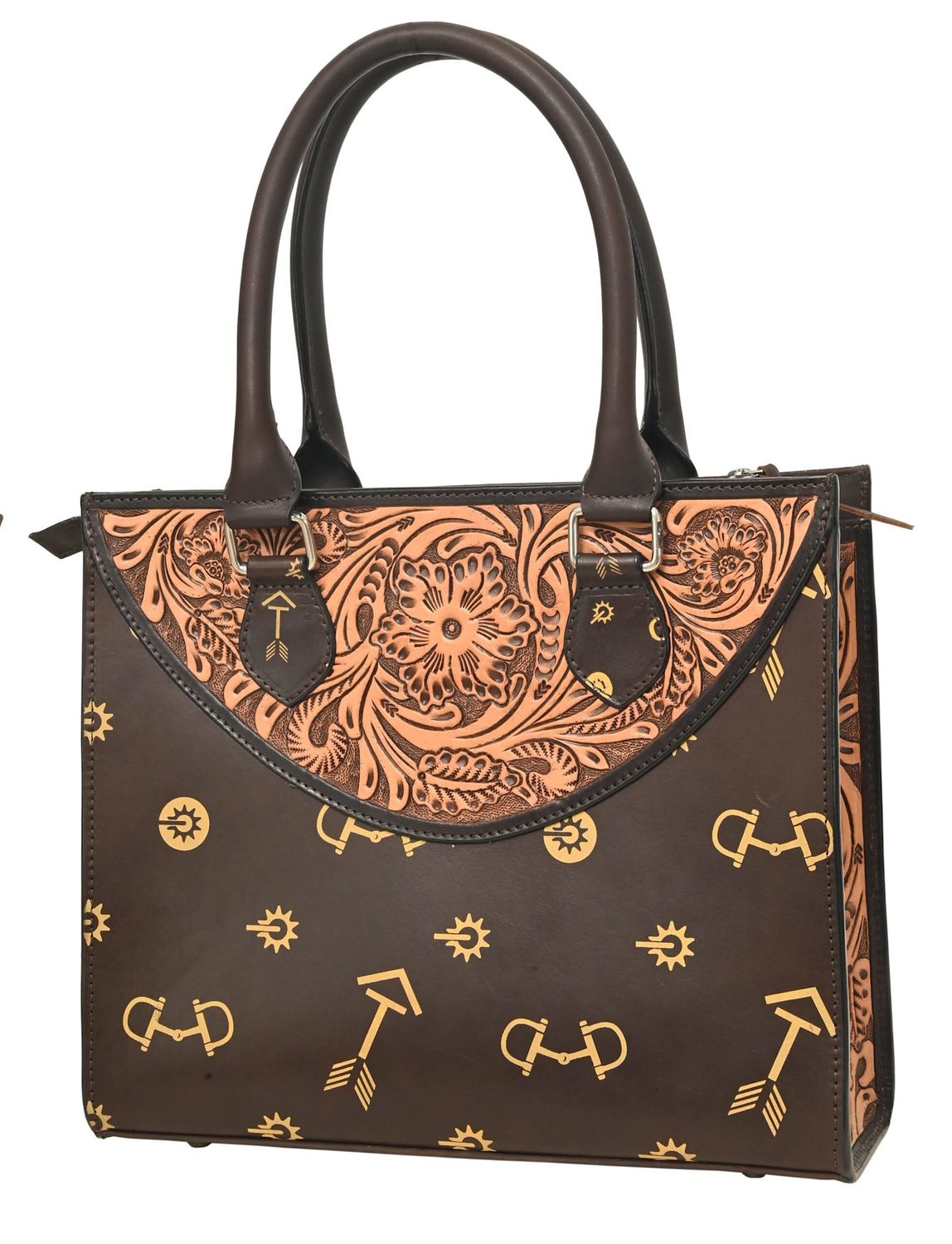 Tote Hand Bag w/Floral Carving/Tan Arrows