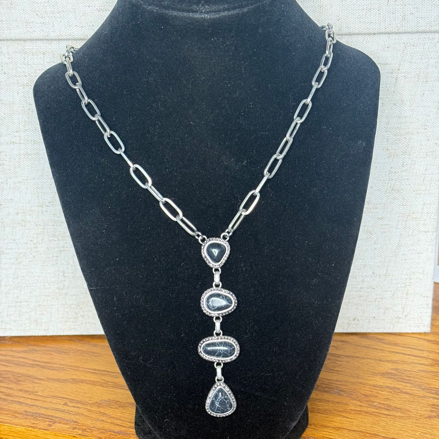 Silver Chain Necklace w/Black Stones