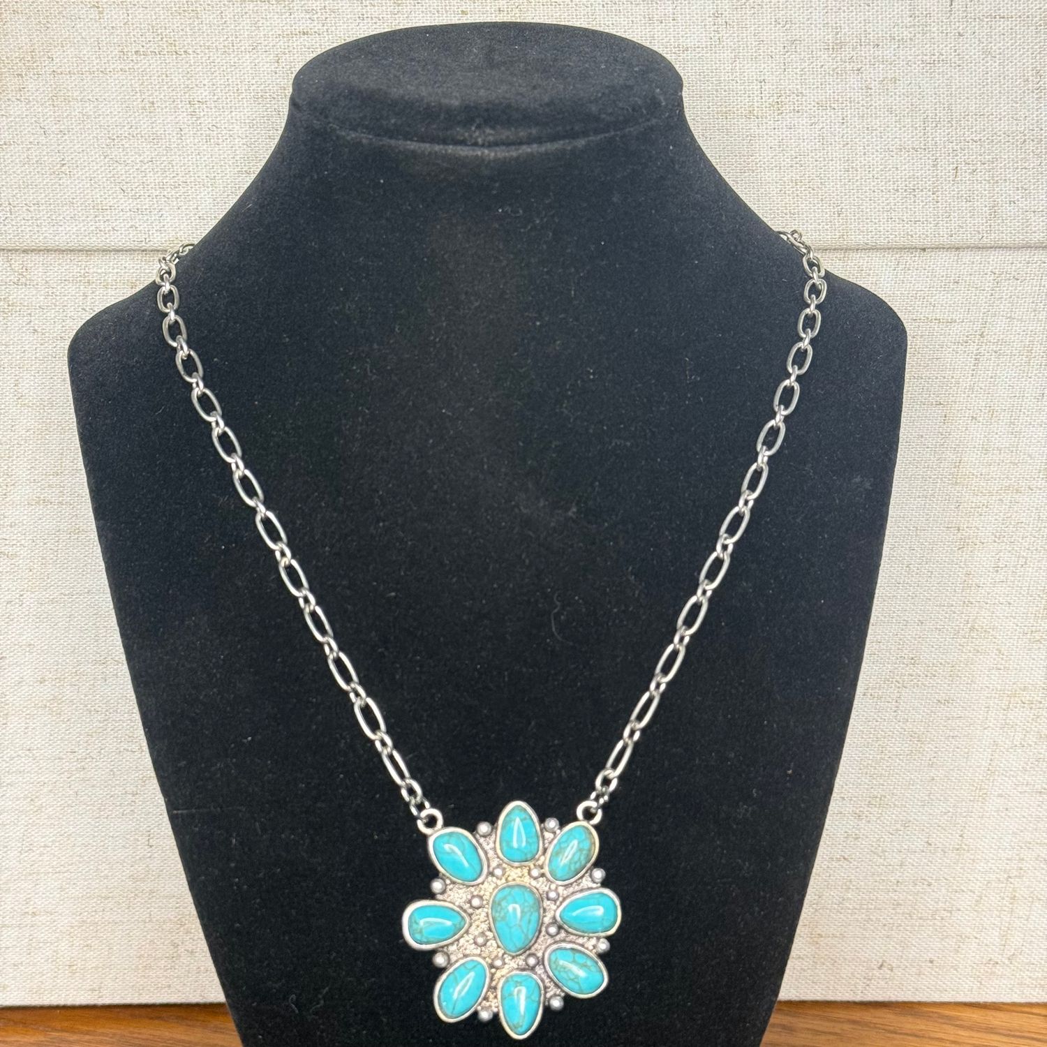 Silver Chain Necklace w/Turq Flower