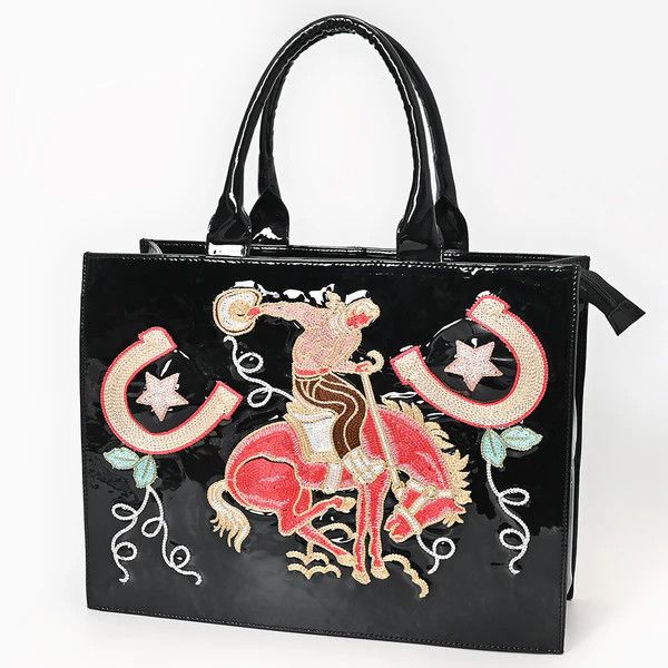 Black Tote Bag-Rodeo Cowboy &amp; Horseshoe Design