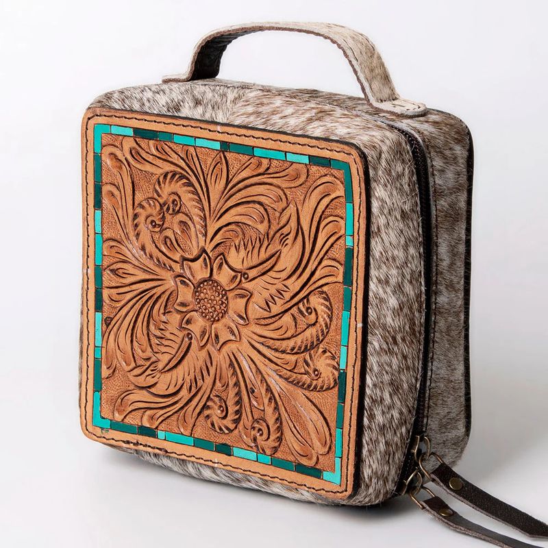 Jewelry Case Floral Tooled Leather w/Hair-On Hide