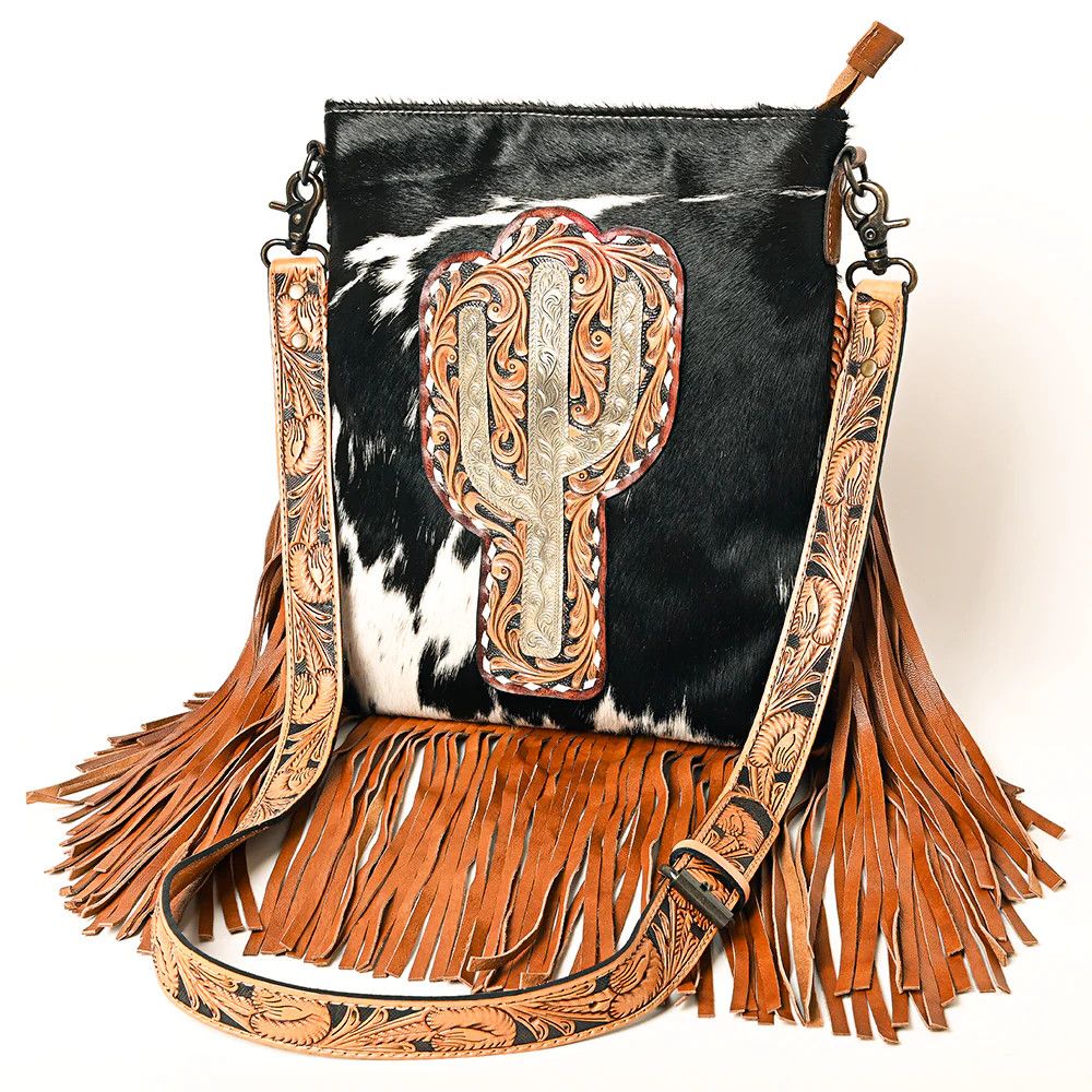 Crossbody w/hide, fringe &amp; metal cactus