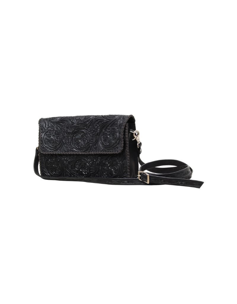Tooled Crossbody w/Black Floral Carving
