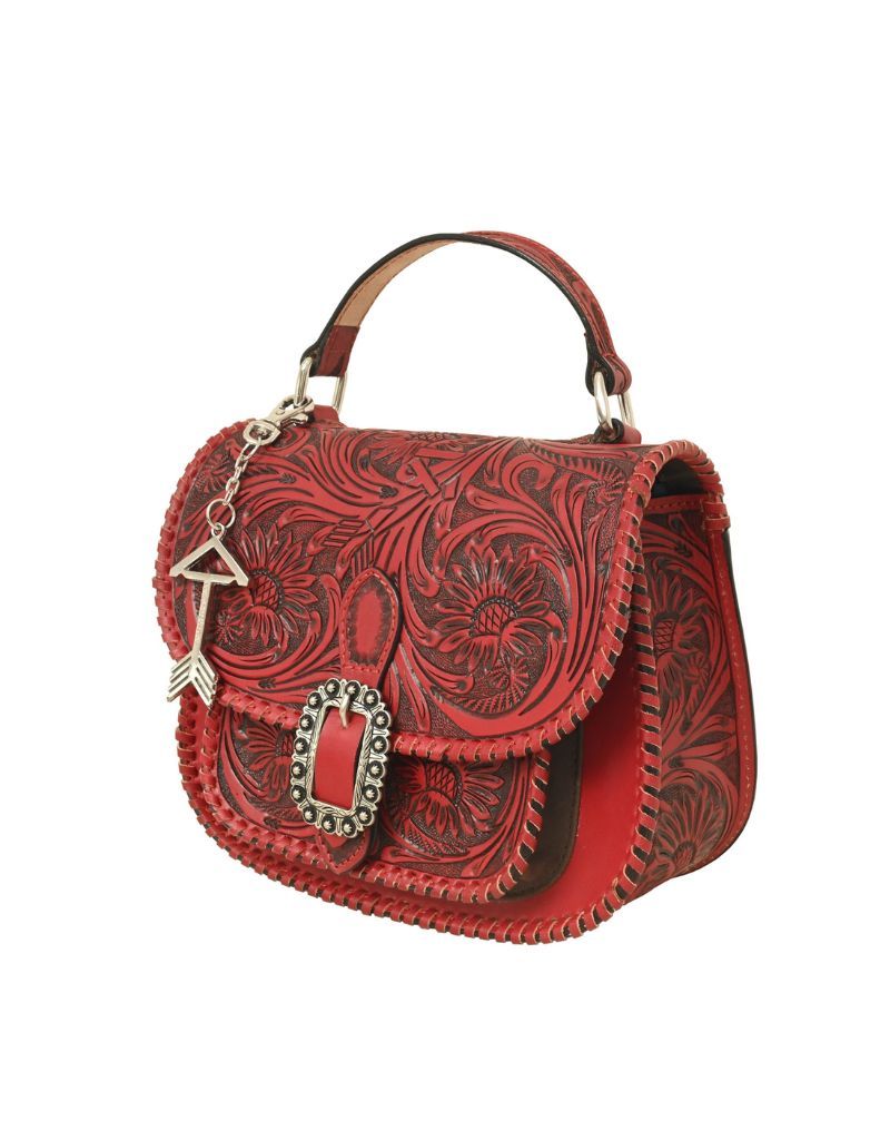 Heritage Hand Bag w/Floral Carving, Color: Red