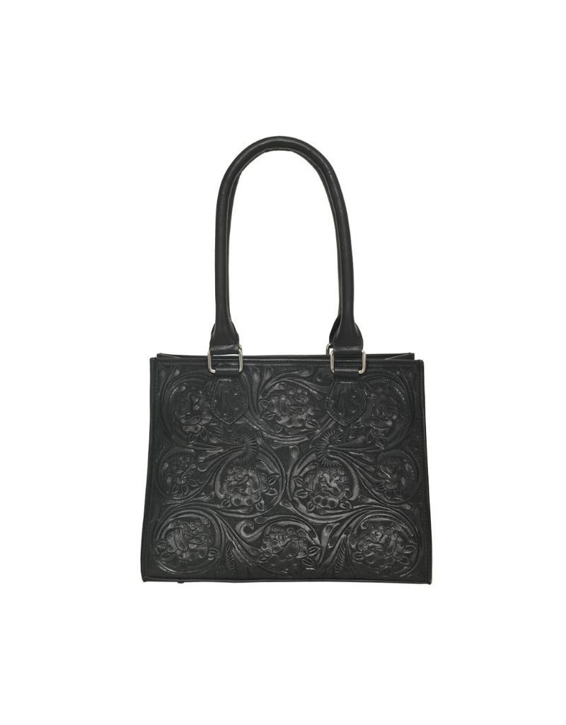 Tote Bag w/Floral Carving, Color: Black
