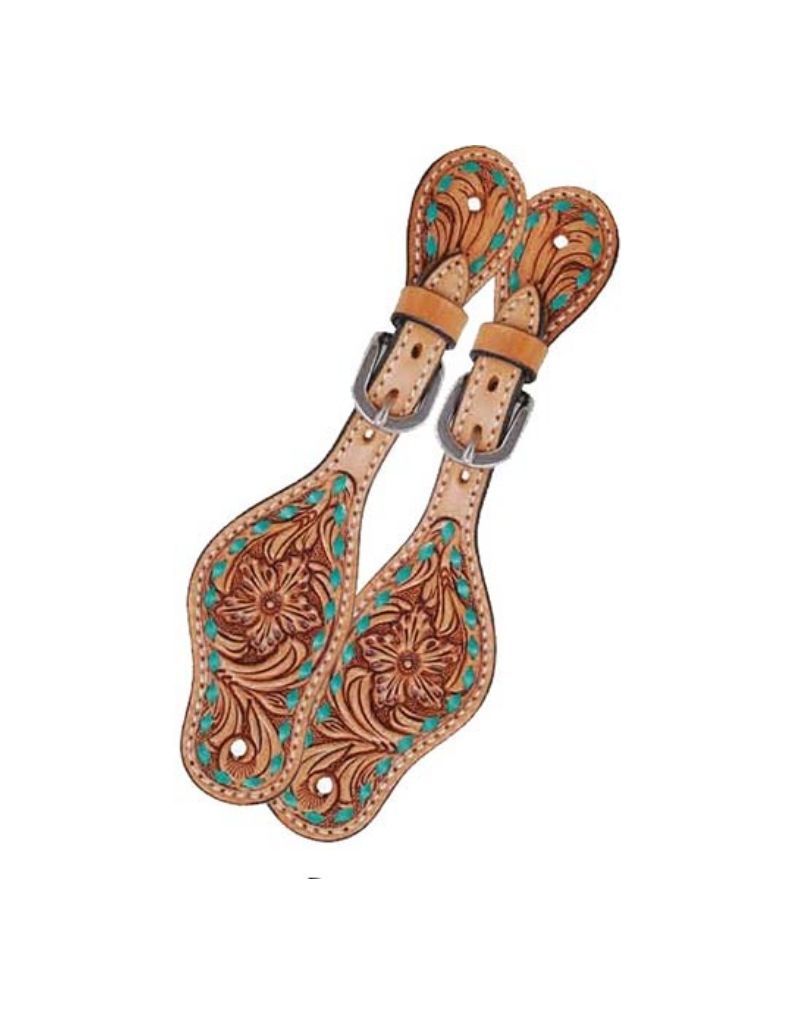 Kids Spur Straps Floral Tooling w/turquoise buckstitch