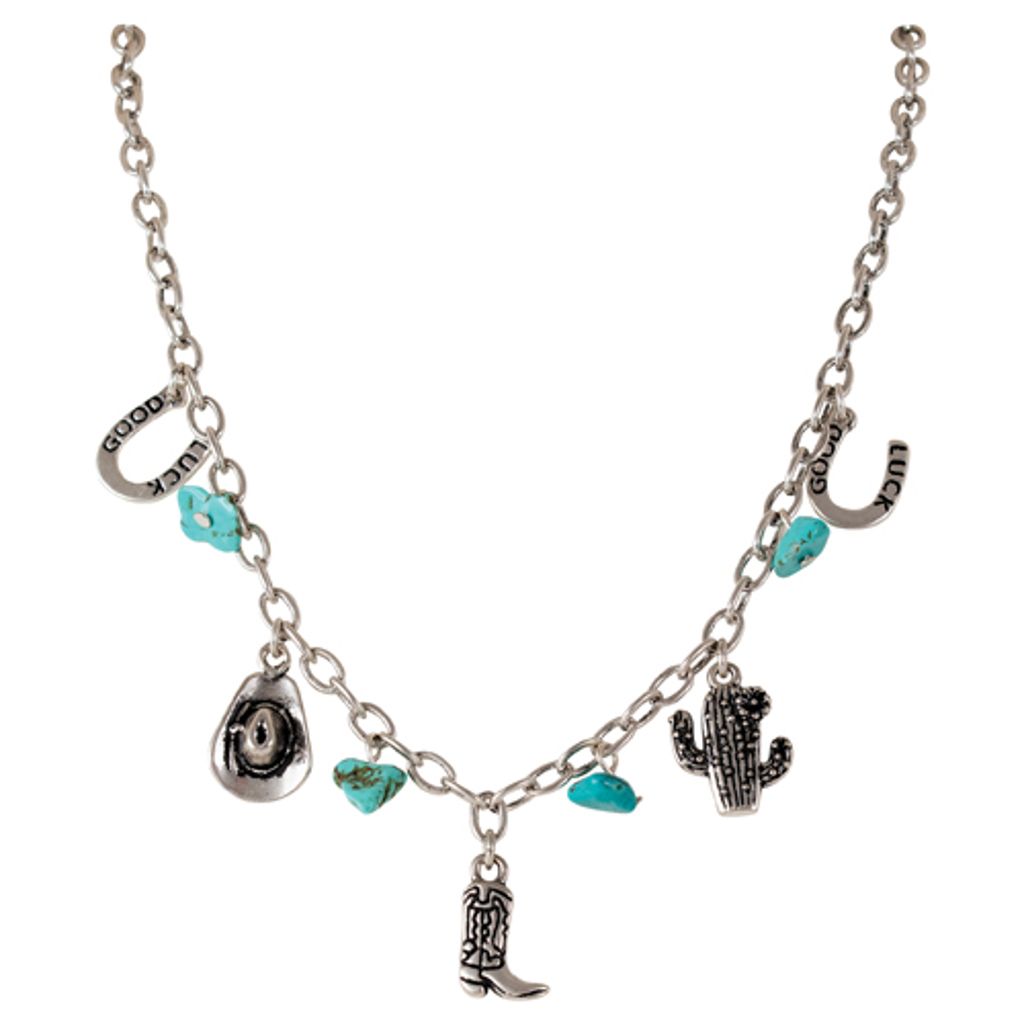 Charm Necklace Silvertone w/Turq