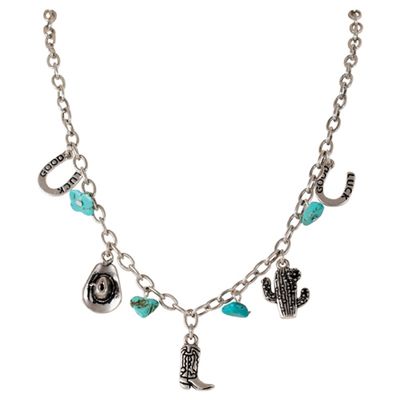 Charm Necklace Silvertone w/Turq