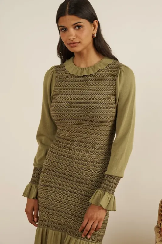Aleria, long knit dress, olive