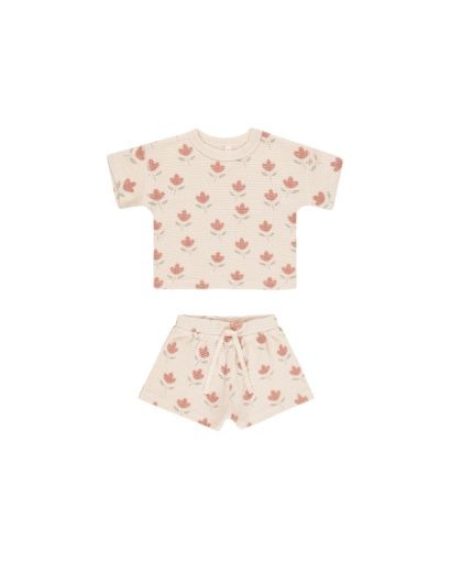 WAFFLE TEE + SHORT SET || TULIPS, Colour: ANTIQUE, Season: QMSS25_D1, Size: 6-12M