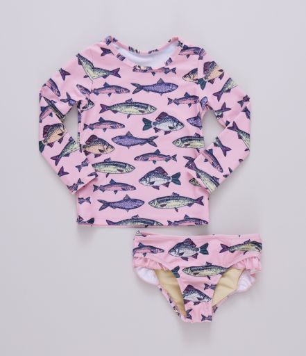 girls rash guard set - pink multi fishies