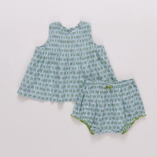 baby girls jaipur 2-pc set - blue prairie block print, Size: 0/3M