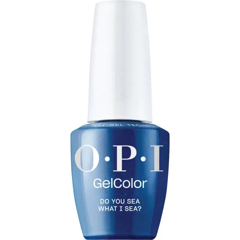 OPI Do You Sea What I Sea blauwe gellak met metallic afwerking. Semi-permanente nagellak in een levendige blauwe tint met een glinsterende metallic glans, perfect voor een moderne en expressieve look.