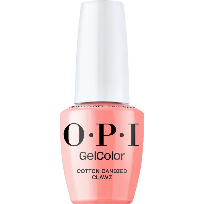 Roze glanzende gellak van OPI, Cotton Candied Clawz. Voor een zoete, speelse salonlook.