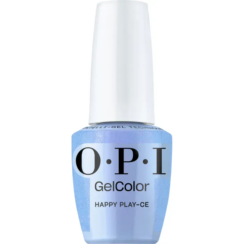 OPI gel polish Happy Play-ce, playful blue color with a glitter finish, perfect gel polish for a vibrant and radiant look.