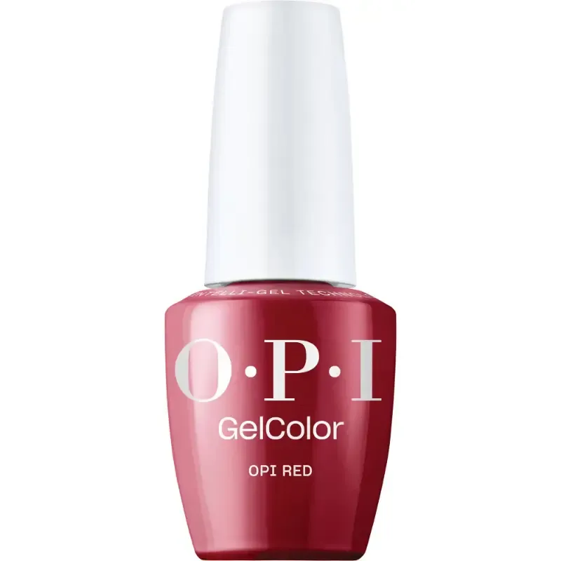 Rode gellak met glinsterafwerking, genaamd "OPI Red" – Een klassieke en stralende tint die tijdloze elegantie toevoegt aan je nagels.