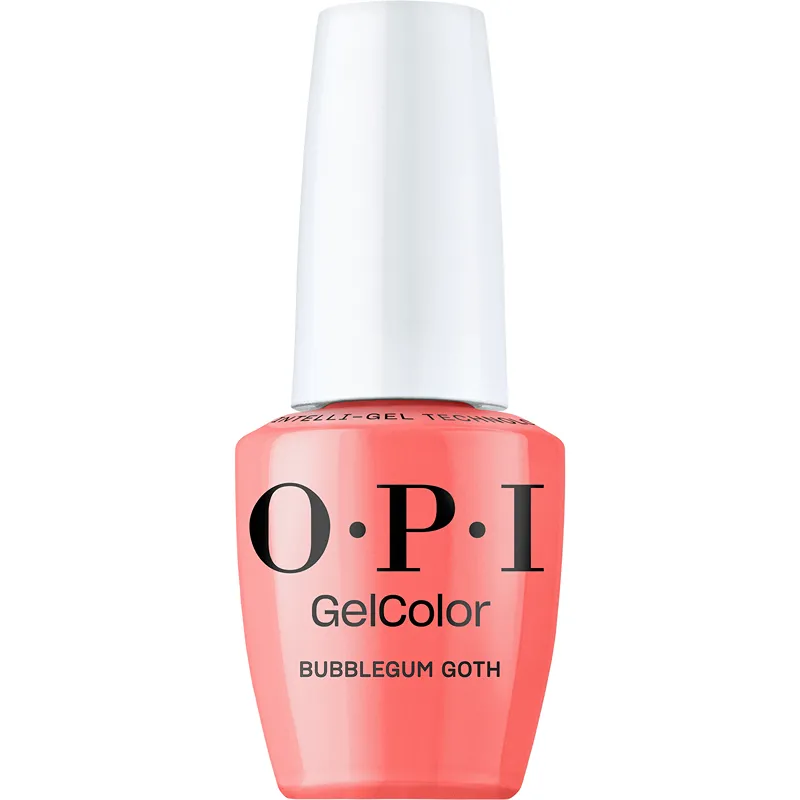 Gellak OPI GelColor Bubblegum Goth – een glanzend roze tintje met een edgy twist voor speelse maar stoere nagels.