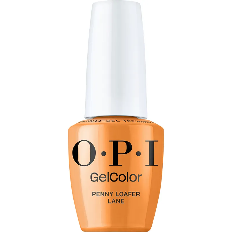 Gellak OPI GelColor Penny Loafer Lane – een stijlvolle goudoranje tint met een glanzende finish.