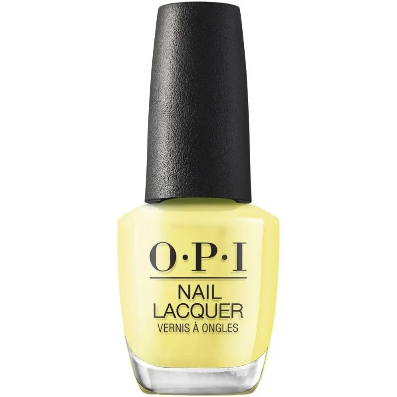 Geel, glans, OPI nagellak “Stay Out All Bright” – levendige gele tint met een glanzende afwerking.