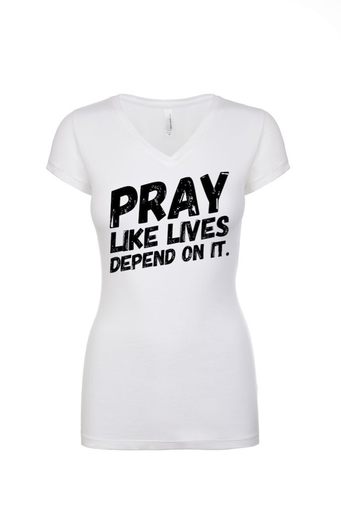 PRAY - Ladies V Neck Tee | White