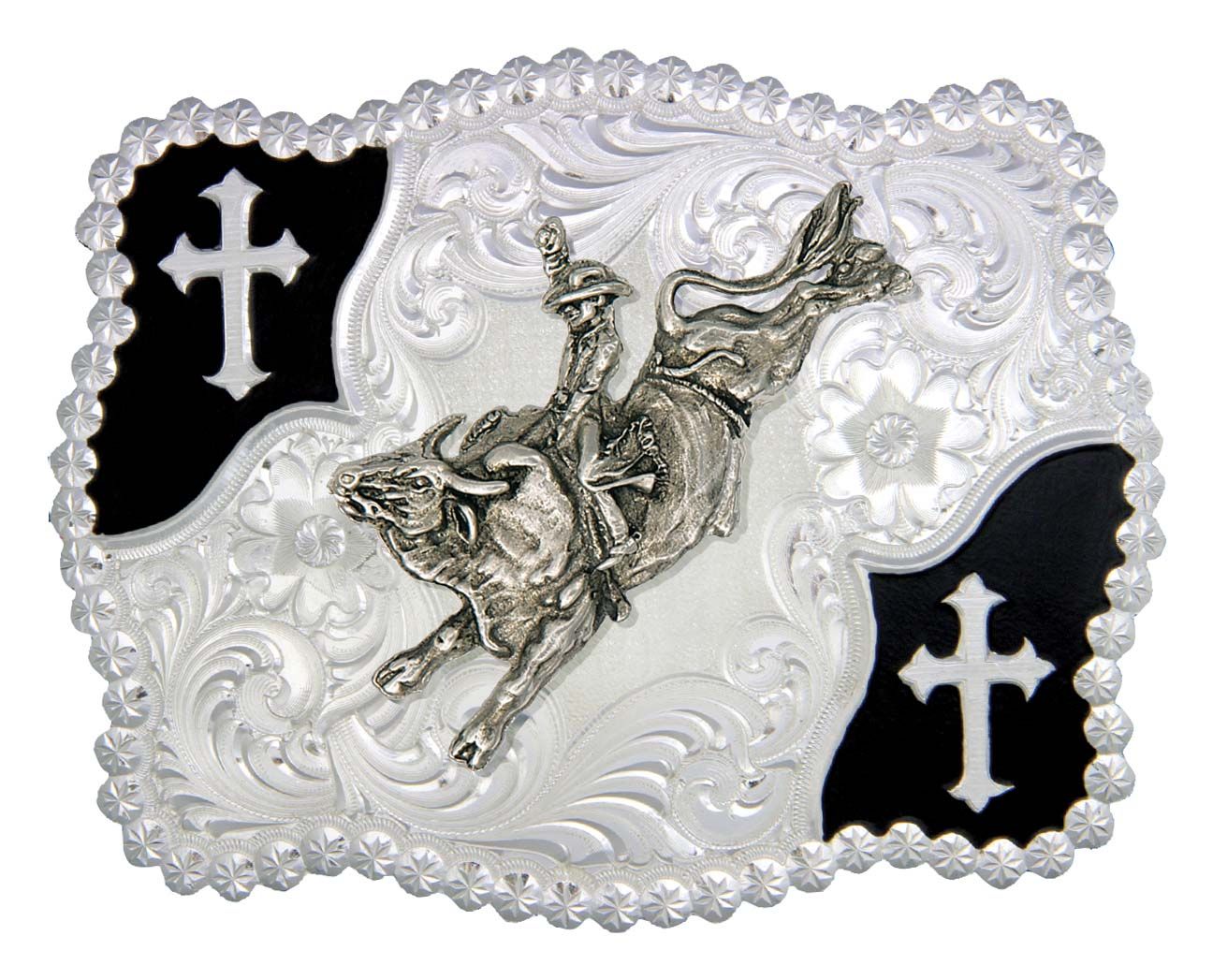 Montana Silversmiths Christian Flourish Scallop Shape Belt Buckle with Bullrider