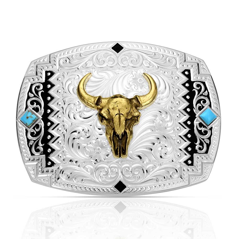 Montana Silversmiths Southwest Scroll Buckle with Buffalo Skull