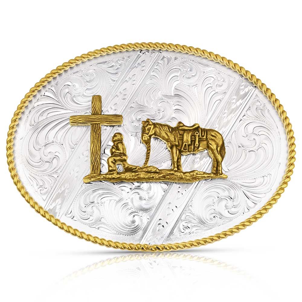 Montana Silversmiths Striking Engraved Belt Buckle with Christian Cowboy