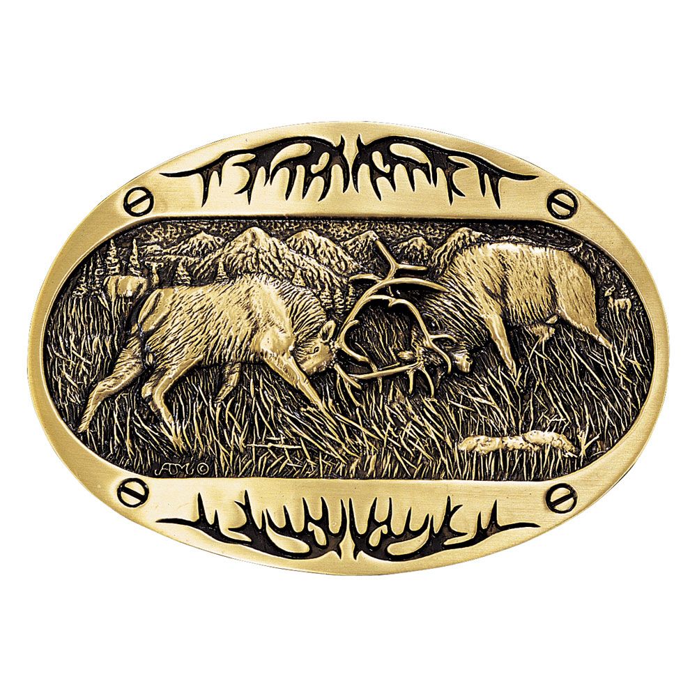 Montana Silversmiths Fighting Elk Brass Heritage Attitude Belt Buckle
