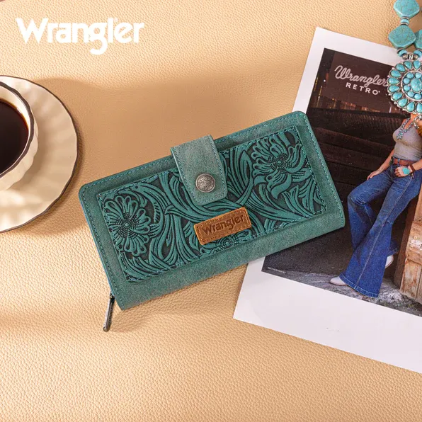 Wrangler Western Floral Tooled RFID Wallet, Color: Turquoise