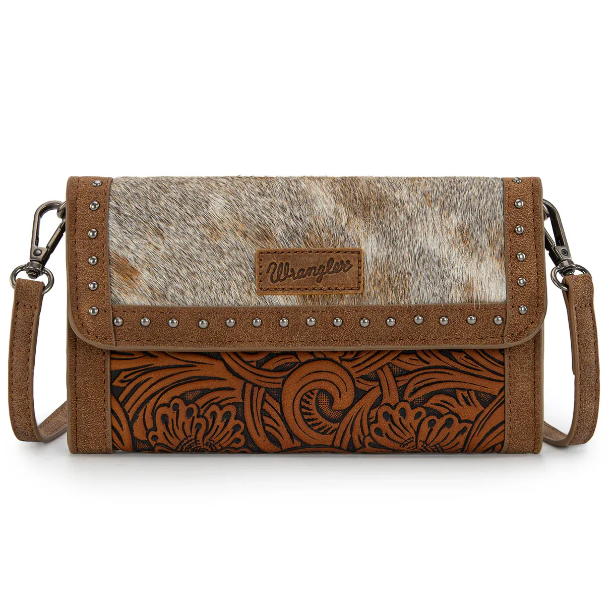 Wrangler Genuine Cowhide Wallet/Wristlet/Crossbody Bag, Color: Brown