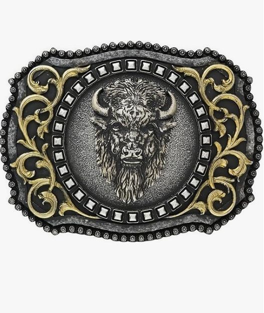 Nocona Rectangular Rope-Edge Gold Scroll Buffalo Head Buckle - Matte Antique Silver / Rose Gold