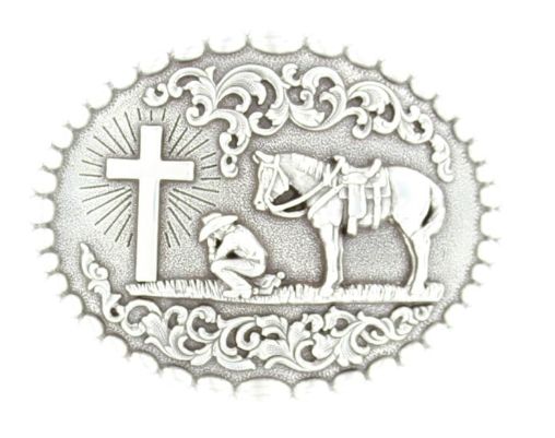 Nocona Oval Dot-Edge Cowboy Prayer Buckle - Antique Silver