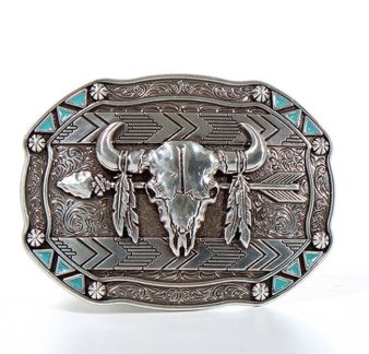 Nocona Rectangular Arrow Skull Feather Buckle - Light Antique Silver / Rose Gold