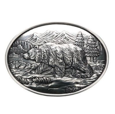 Nocona Oval Grizzly Bear Buckle - Antique Silver