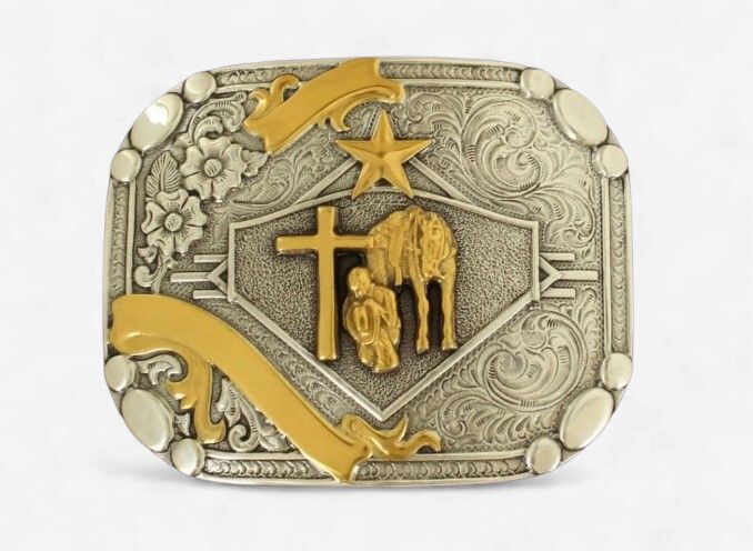 Nocona Rectangular Smooth-Edge Double Ribbon Cowboy Prayer Buckle - Antique Silver / Antique Gold