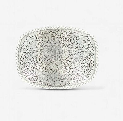 Nocona Rectangular Rope-Edge Floral Scroll Buckle - Antique Silver