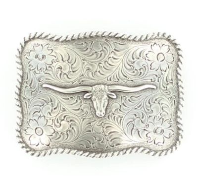 Nocona Rectangular Rope-Edge Longhorn Floral Buckle - Antique Silver