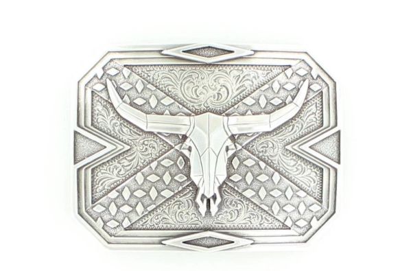 Nocona Rectangular Diamond Steer Head Skull Buckle - Antique Silver