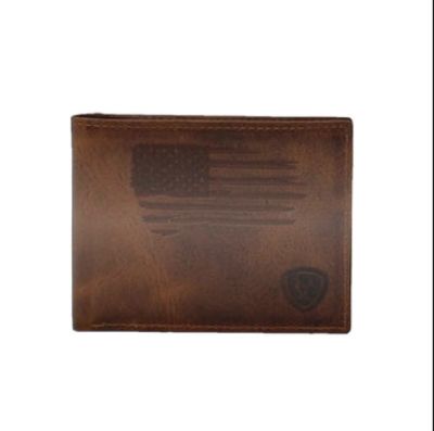 Ariat Bifold Distressed Stitch American Flag Shield Log Brown