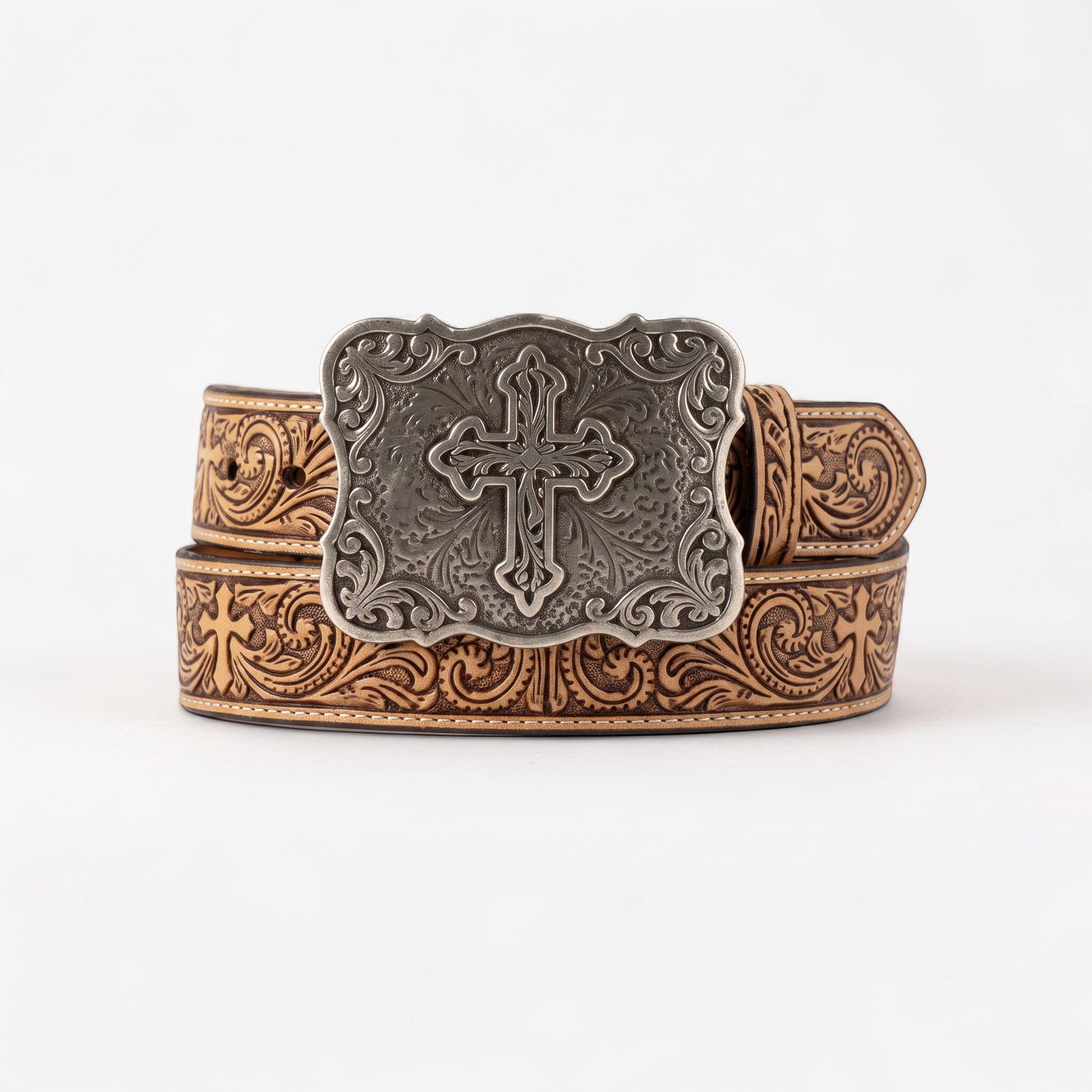 Nocona 1-1/2" Embossed Cross Strap Buckle Natural