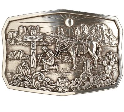 Nocona Rectangular Praying Cowboy Cactus Buckle - Antique Silver