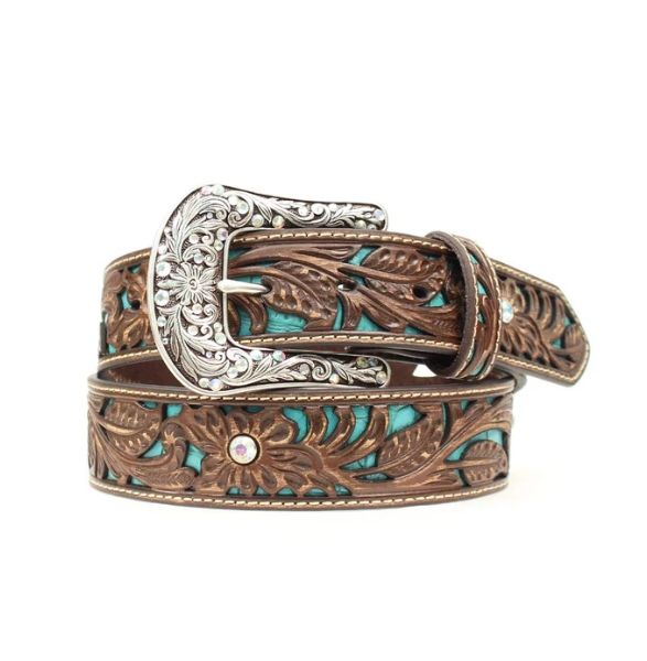 Ariat 1-1/2" Tooled / Turquoise Inlay Rhinestone Brown, Color: Brown, Size: L