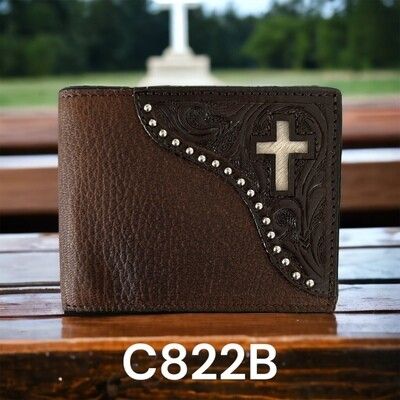 Ranger Belt Co. Wallet, Bifold, Tumble Brown Leaf Tool Nailhead Hair-On Hide Inlay Cross