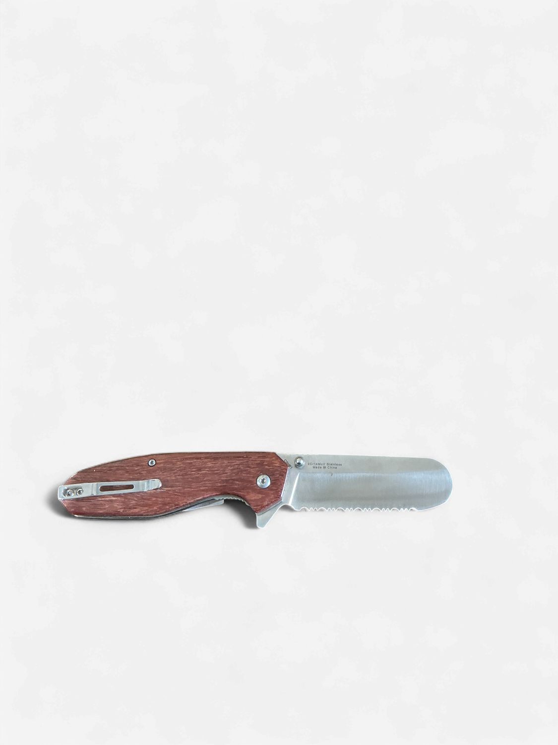 Circle SH Knife, 9CR Stainless Steel, serrated blade, rosewood handle, ball bearings, 4 1/4-Inch Closed