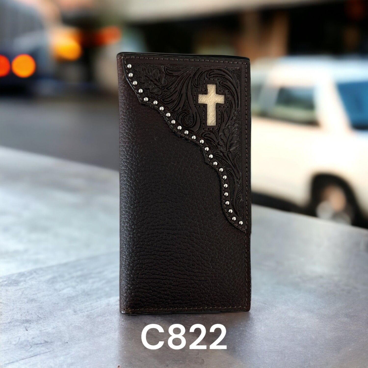 Ranger Belt Co. Wallet, Rodeo, Brown Tumble, Leaf Tool, Nailhead, Hair-On Hide Inlay Cross
